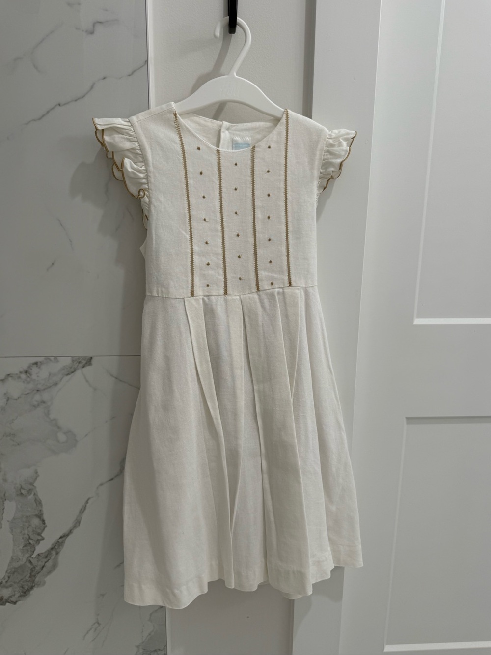 Edgehill Collection Cream Ruffle Sleeve Dress with Gold Trim